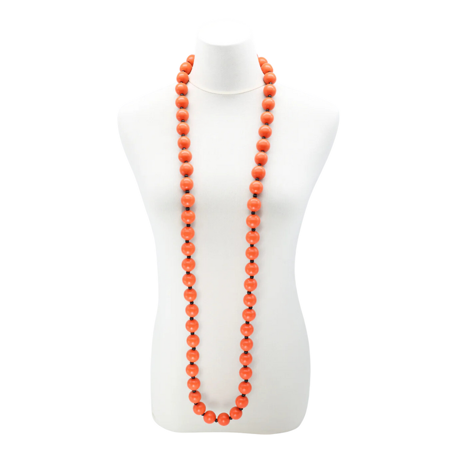 Extra long Recycled Wood Round Beads Necklace - Orange