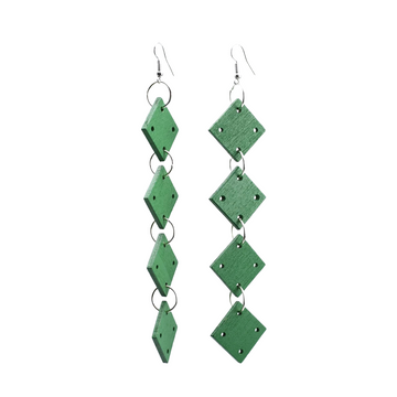 Recycled Wood Squares Chain Earrings - Spring Green