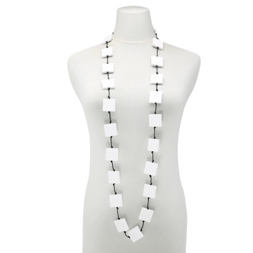 Recycled Wood Square Beaded Single Strand Necklace - White