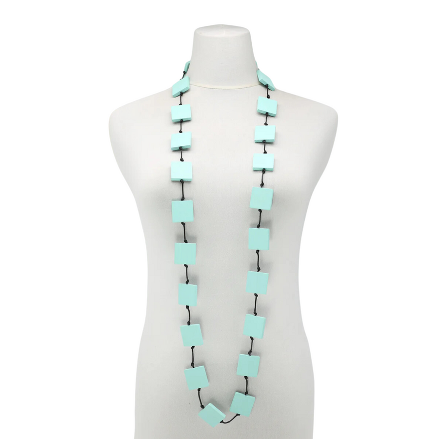 Recycled Wood Square Beaded Single Strand Necklace - Turquoise