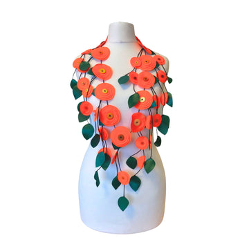 Handmade Recycled Fabric Flower Necklace - Orange