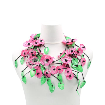 POPPY NECKLACE WITH PINK & GREEN LEAVES