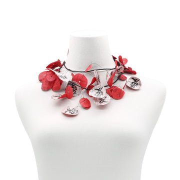 Recycled Newspaper, Love in Chinese on fishing wire Necklace - Red/White