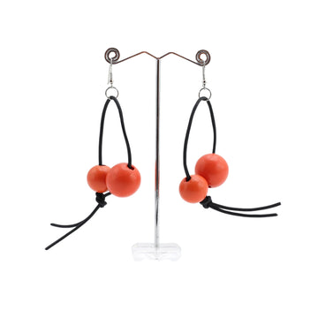 Recycled Wood Double Round Beads on Leatherette Loop Earrings - Orange