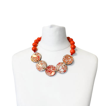 Recycled Wooden Beads & Upcycled Eggshells Short Necklace - Orange/Orange