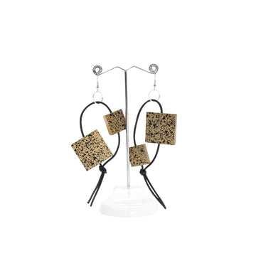 Squares on Leatherette  Loop Earrings - Gold and black