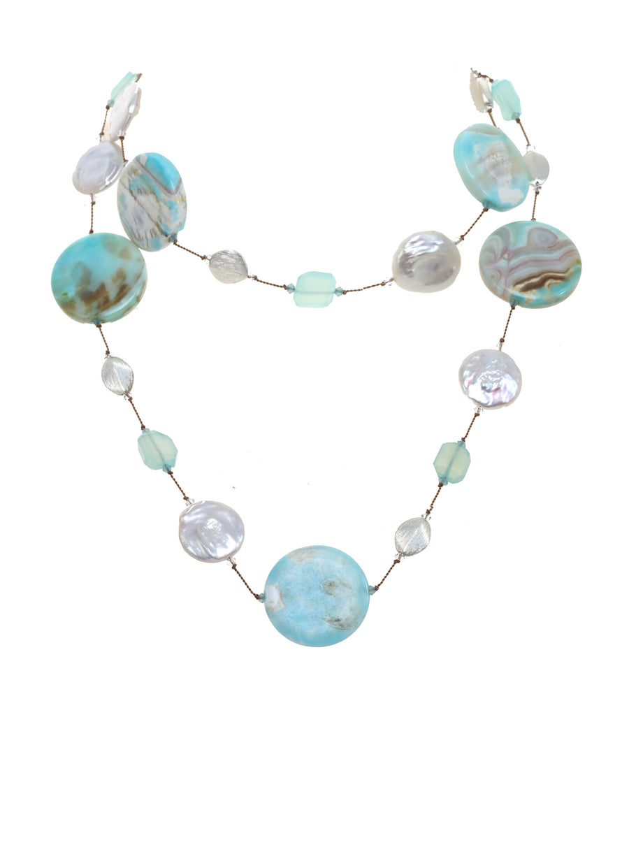 Beaded Sterling Silver Necklace - Sea Foam Agate, Chalcedony, White Coin Pearl