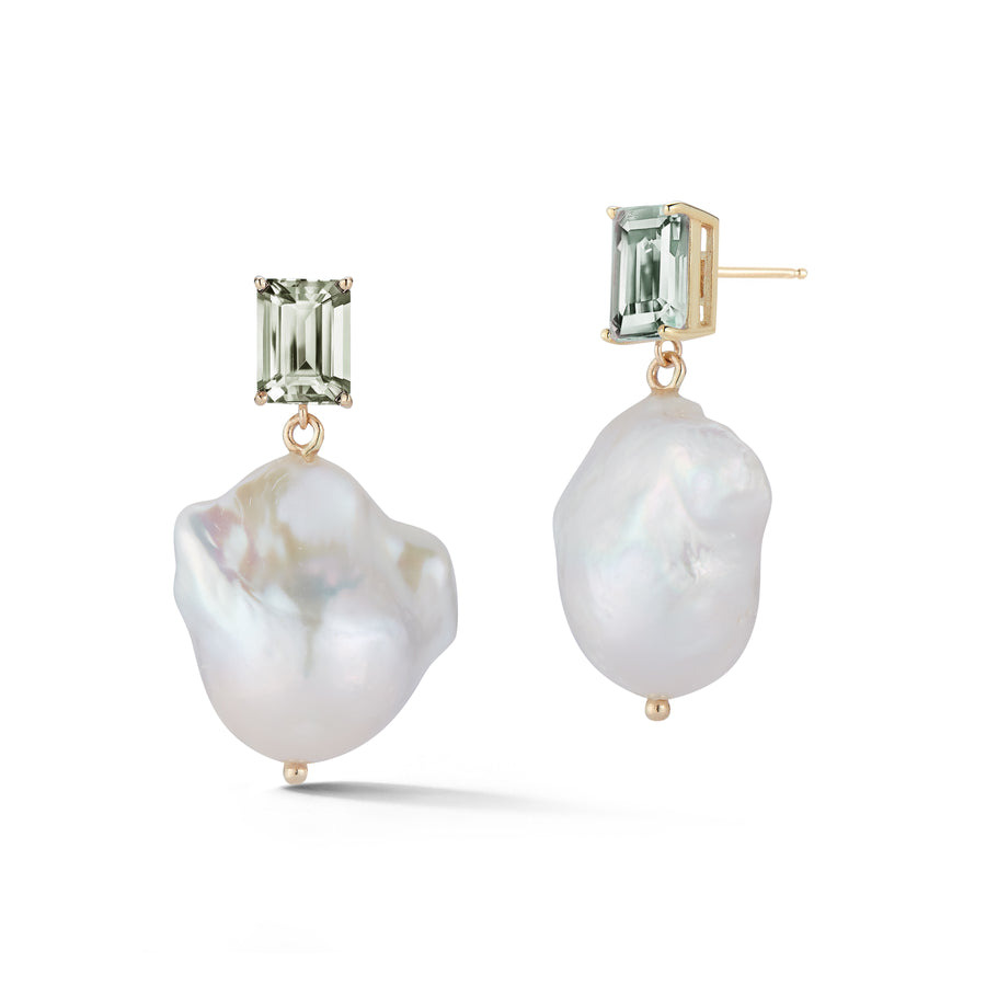 Green Amethyst and Baroque Pearl Drop Earrings