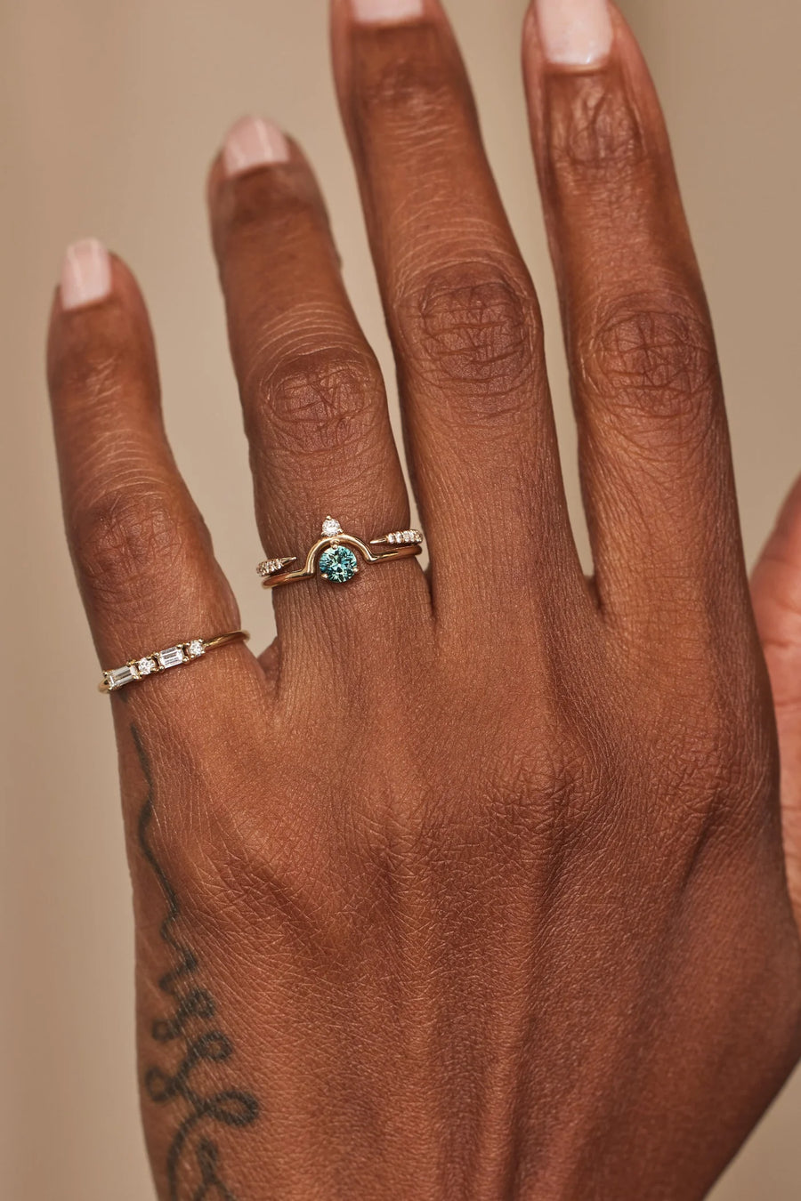 Teal Sapphire and Diamond Small Round Nestled Ring - Size 7