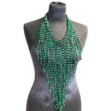 6 x 6 Crystal Fringe Necklace - Long Tassel - Peacock Green