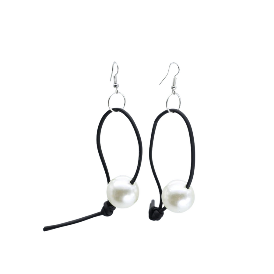 Faux Pearl on Leatherette Loop Earrings
