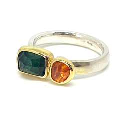 GREEN TOURMALINE/MANDARIN GARNET 18Kt/Silver Ring- Size 7.5