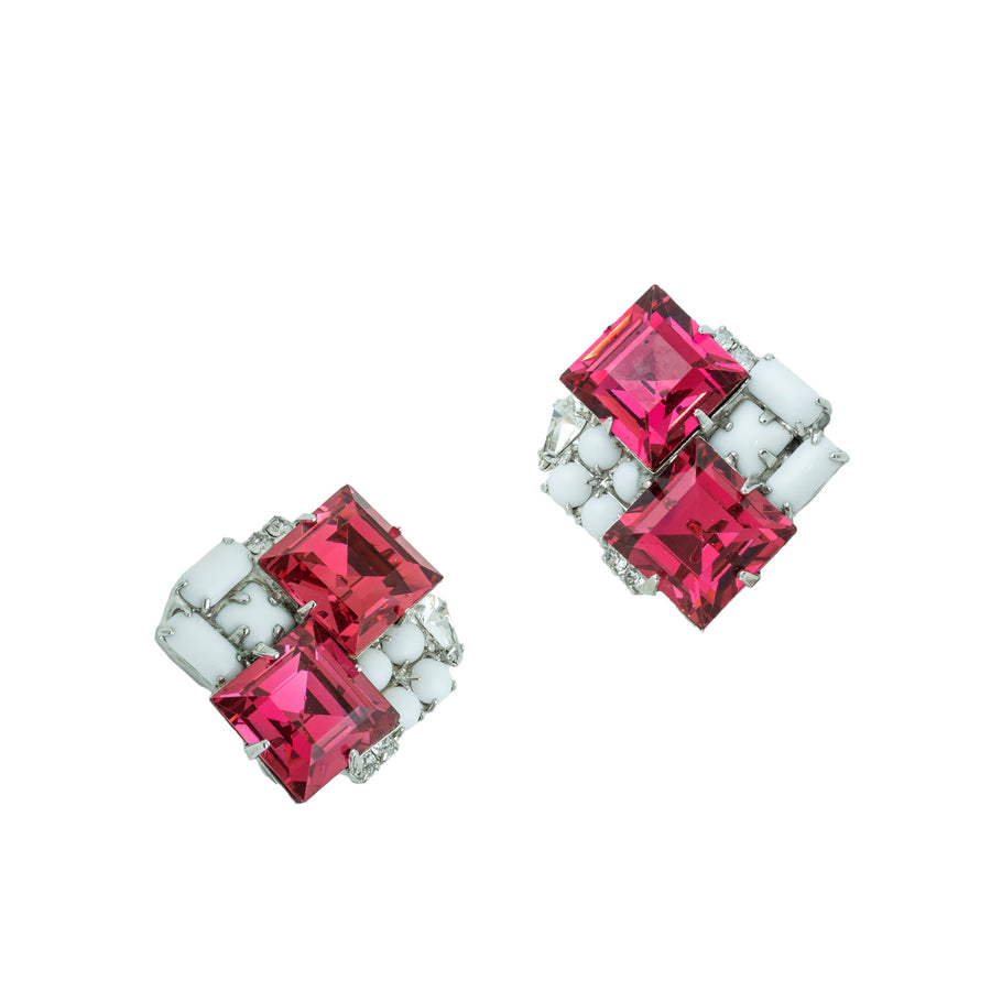 Pink and white crystal CLIP EARRING