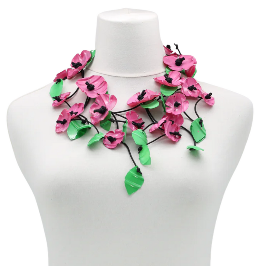 Upcycled Plastic Bottles Poppy Flower Necklace - Short - Pink