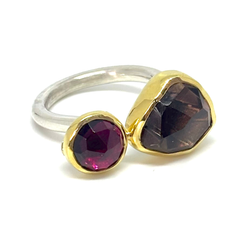 SMOKEY QUARTZ/RED TOURMALINE 18Kt/Silver Ring- Size 7