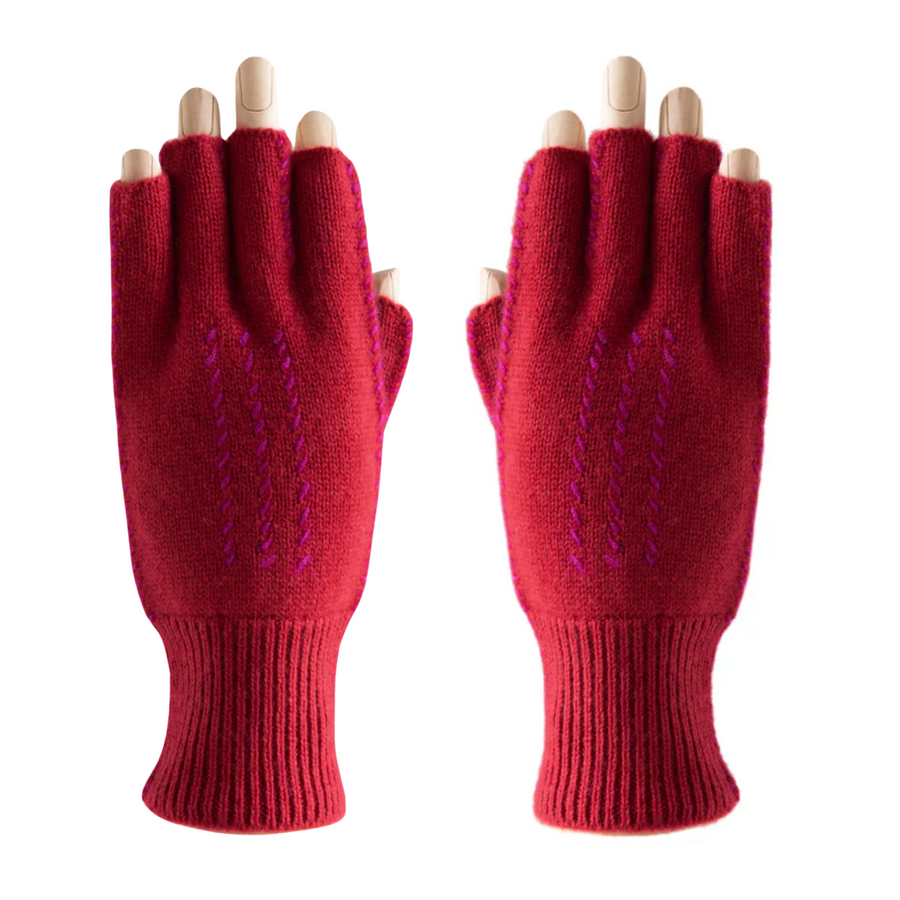 CASHMERE FINGERLESS STITCH GLOVES - RED | FUCHSIA