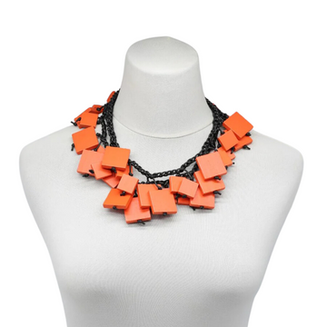 Long Recycled Wood Squares Necklace - Orange