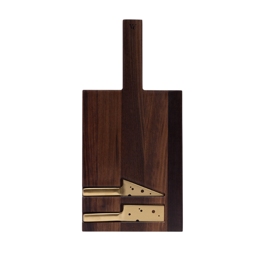 Walnut cheese board with knives