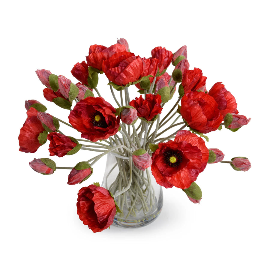 RED Poppy Bouquet in Glass Vase