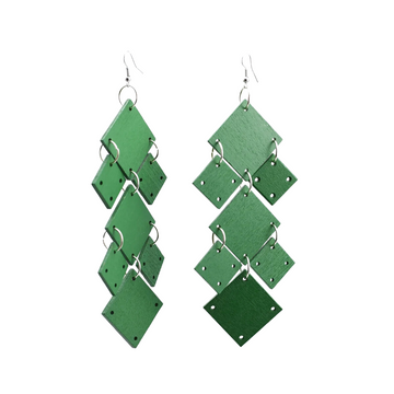 Recycled Wood Squares Chandelier Earrings - Spring Green