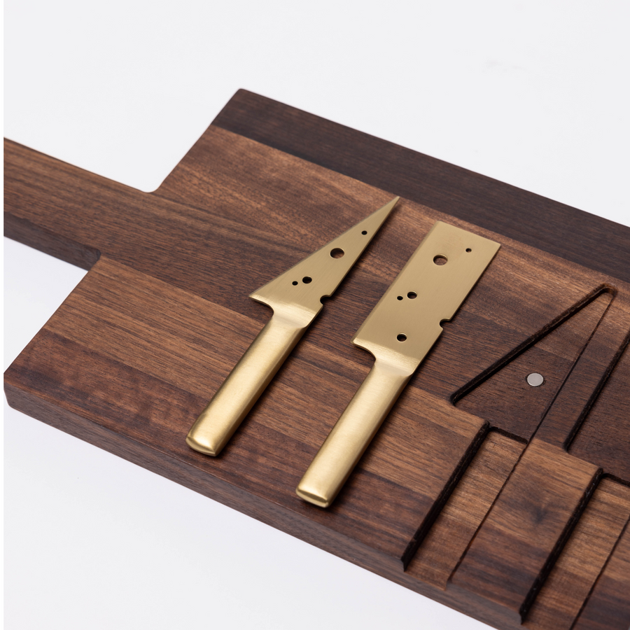 Walnut cheese board with knives