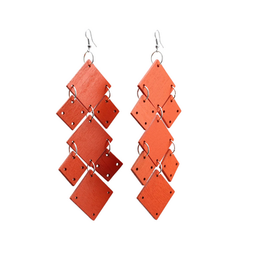 Recycled Wood Squares Chandelier Earrings - Orange