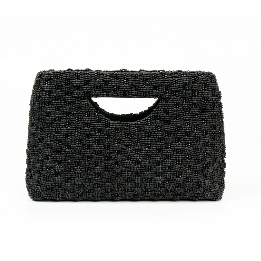 Cut Out Handle Basket Weave Purse - Black