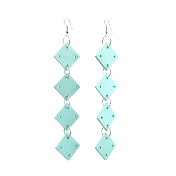 Recycled Wood Squares Chain Earrings - Turquoise