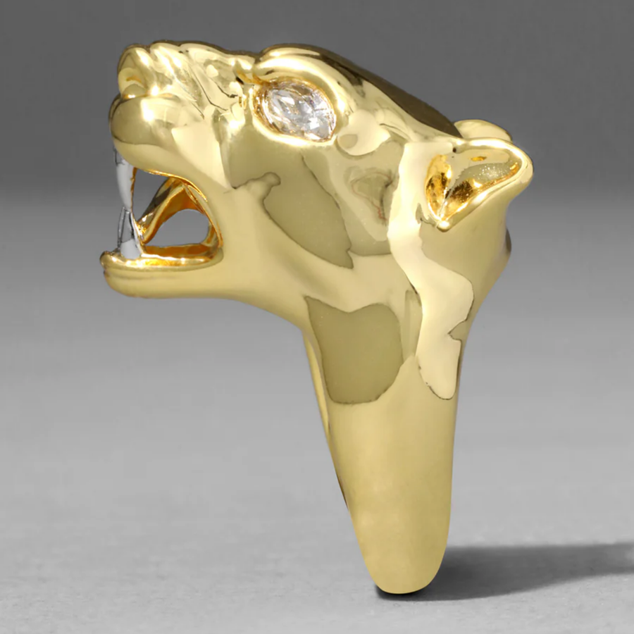 Gold Panther Visage Ring - Size 8