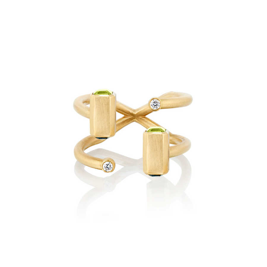 Thor(vi) Small Aquamarine and Peridot Hammer Crossover Gold Ring