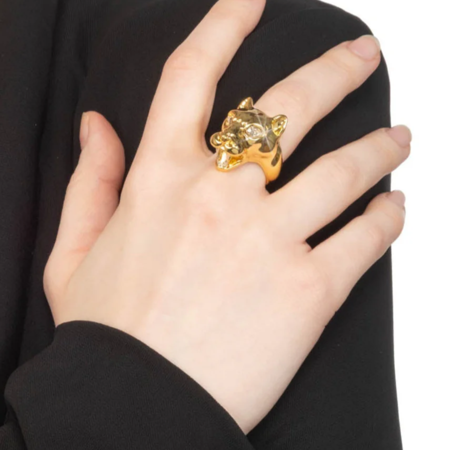 Gold Panther Visage Ring - Size 7