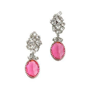 Bright pink crystal top and drop CLIP EARRING