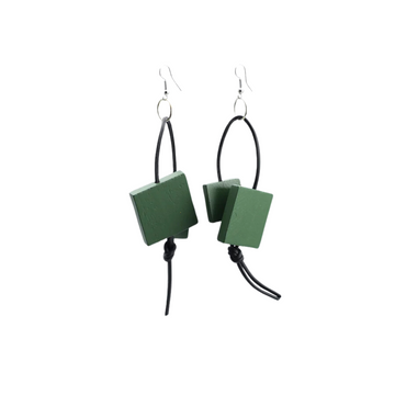 Recycled Wood Squares on Leatherette Loop Earrings - Spring Green