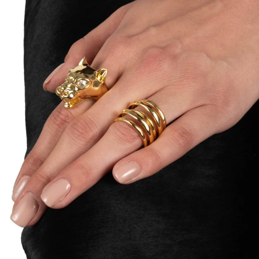 Gold Panther Visage Ring - Size 7