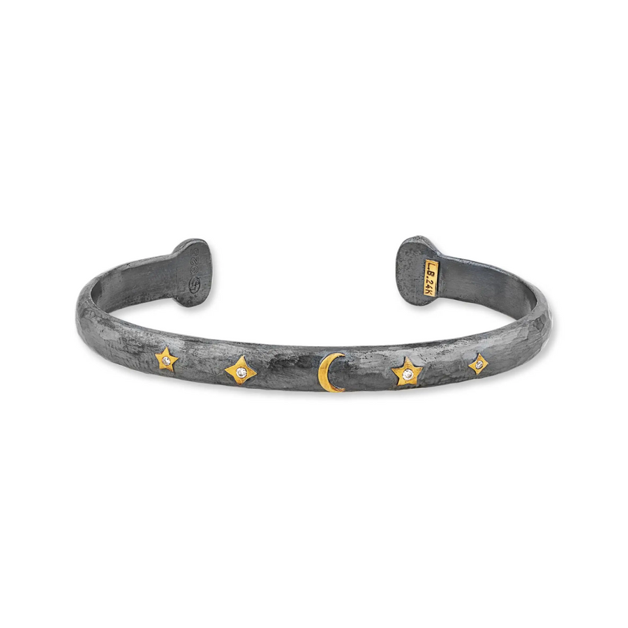 Moon and Stars Diamond Stockholm Cuff - Oxidized Sterling Silver & 24K YellowGold