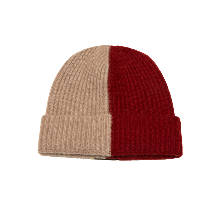 Bi-Color Cashmere Beanie - Red/Beige