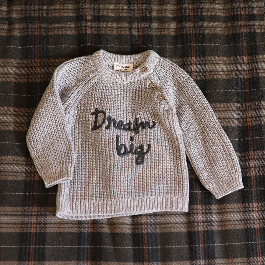 Dream Big Embroidered Chunky Knit Pullover - Grey