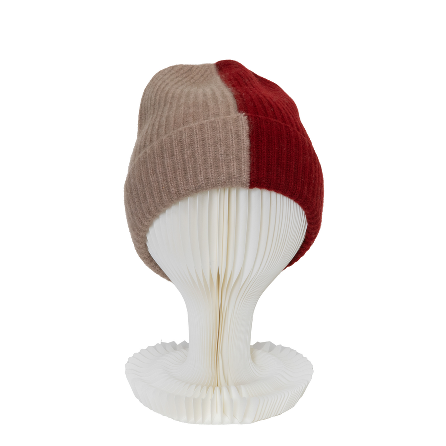 Bi-Color Cashmere Beanie - Red/Beige