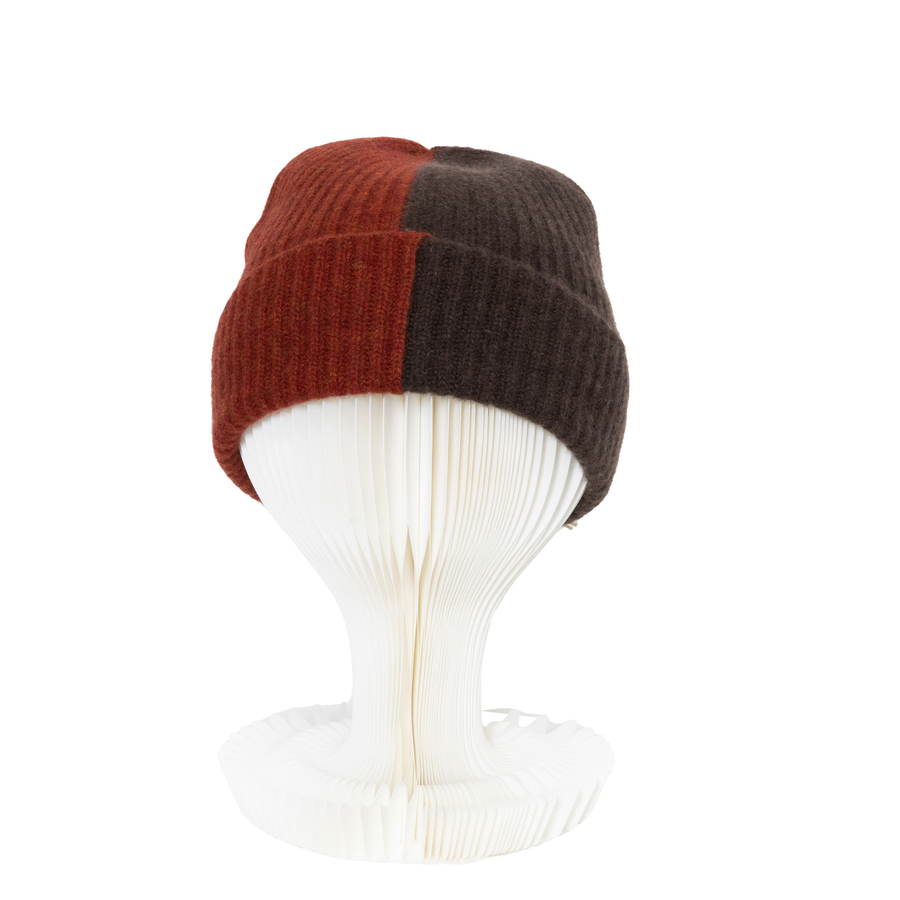 Bi-Color Cashmere Beanie - Brown/Red