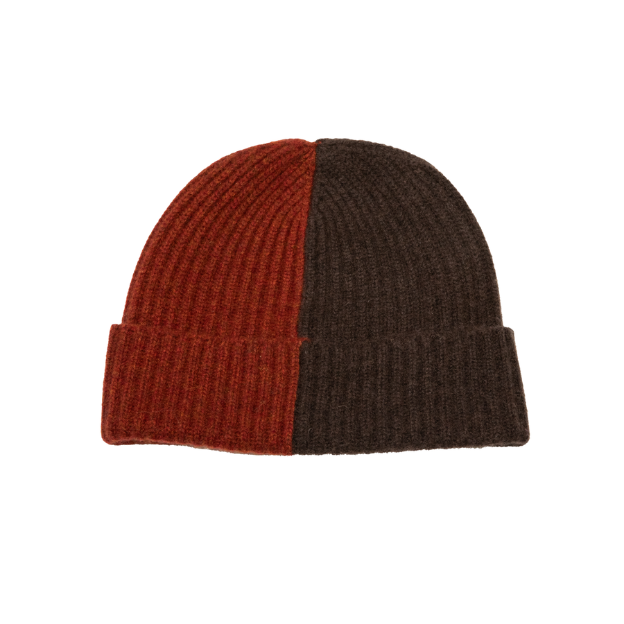 Bi-Color Cashmere Beanie - Brown/Red