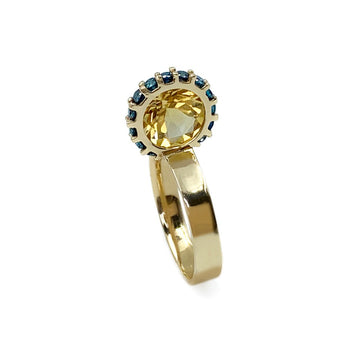 Perched Setting Citrine Ring with Blue Diamond Edge-Set Halo