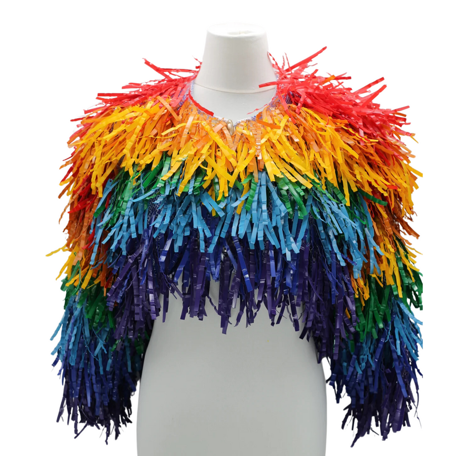 Hand-painted rainbow plastic bottle fringe cape