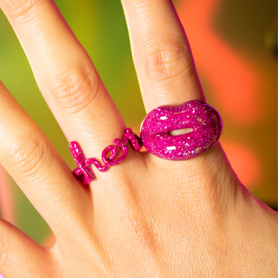 Hotlips Glitter Pink Ring- Size 8