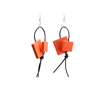 Recycled Wood Squares on Leatherette Loop Earrings - Orange