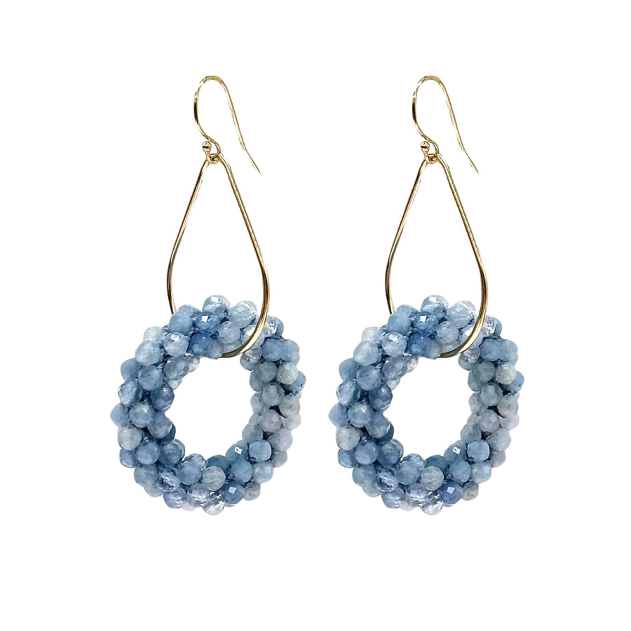 Beaded Gemstone Earrings - Gold Teardrops with Aquamarine Rings