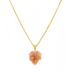 Carved Peach Aventurine Leaf with Cubic Zirconia Pendant Necklace
