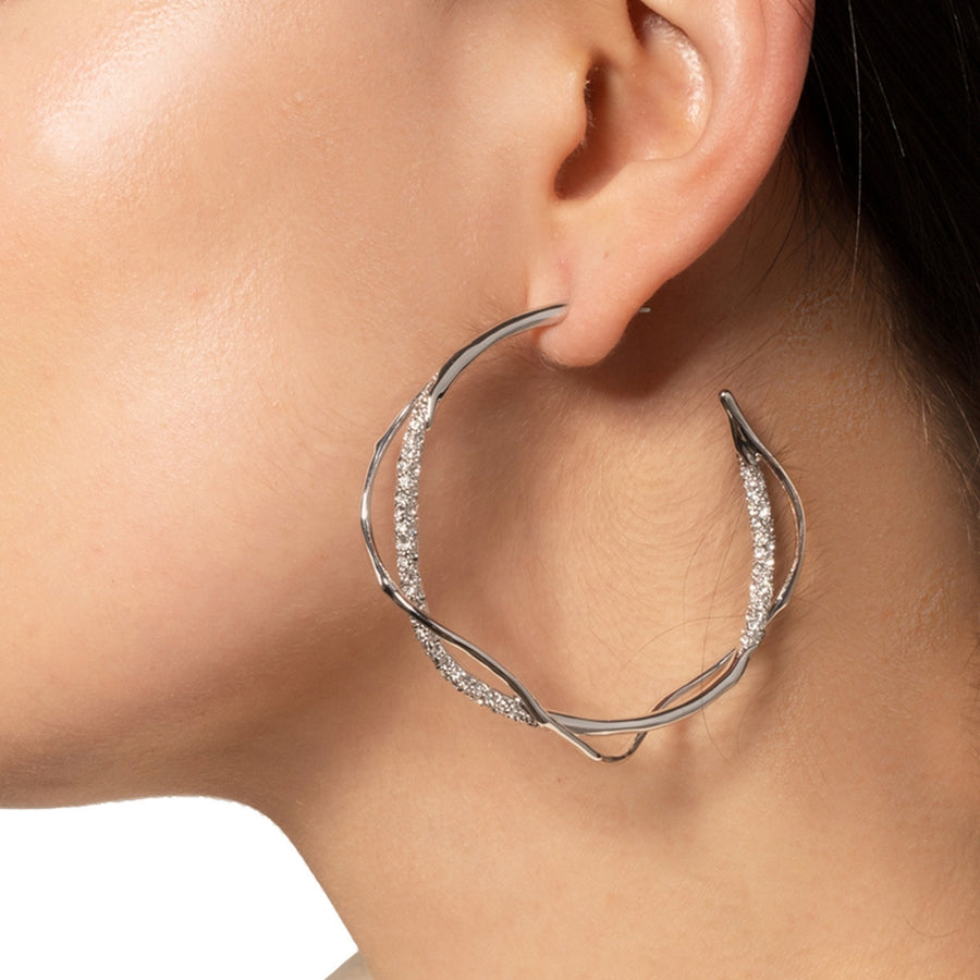 Intertwined Two Tone Pave Hoop Earring - Silver