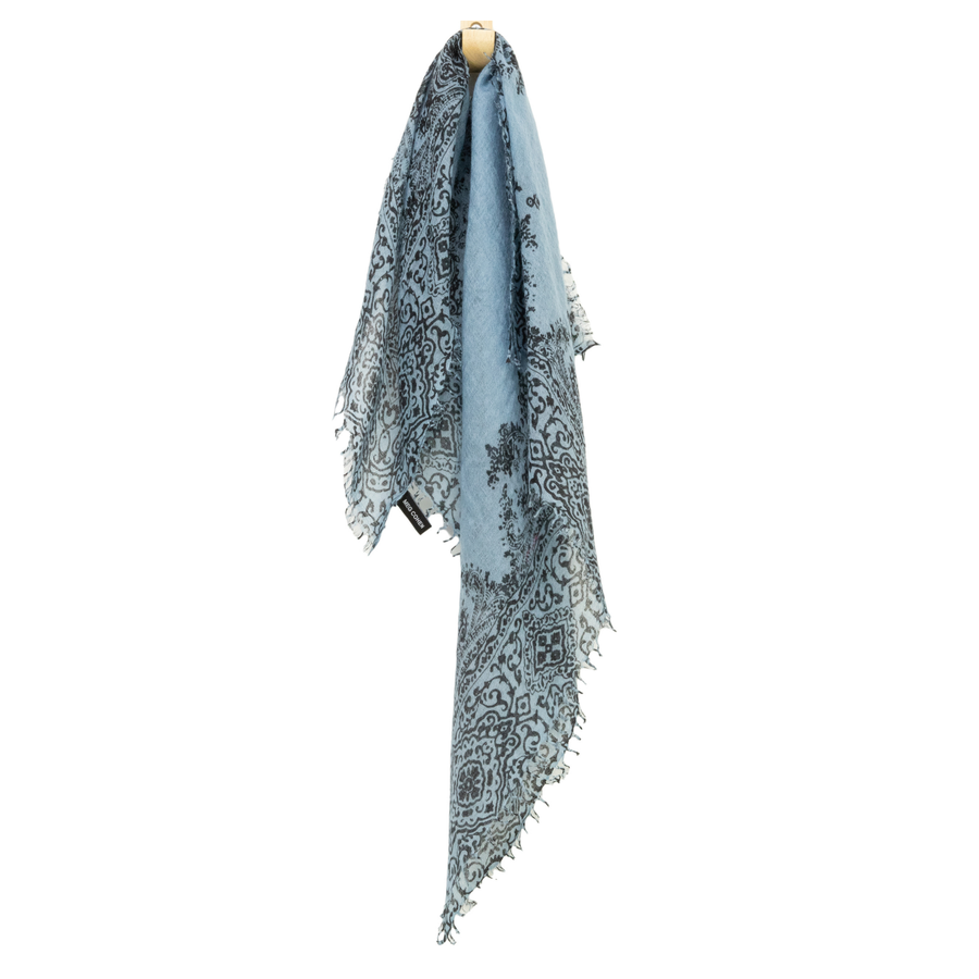 WHISPER CASHMERE PAISLEY NECKERCHIEF - MID-BLUE and BLACK