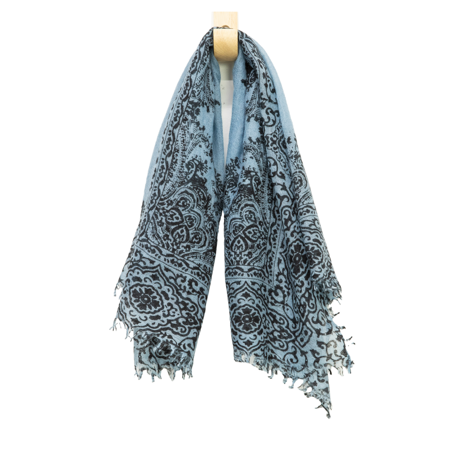 WHISPER CASHMERE PAISLEY NECKERCHIEF - MID-BLUE and BLACK