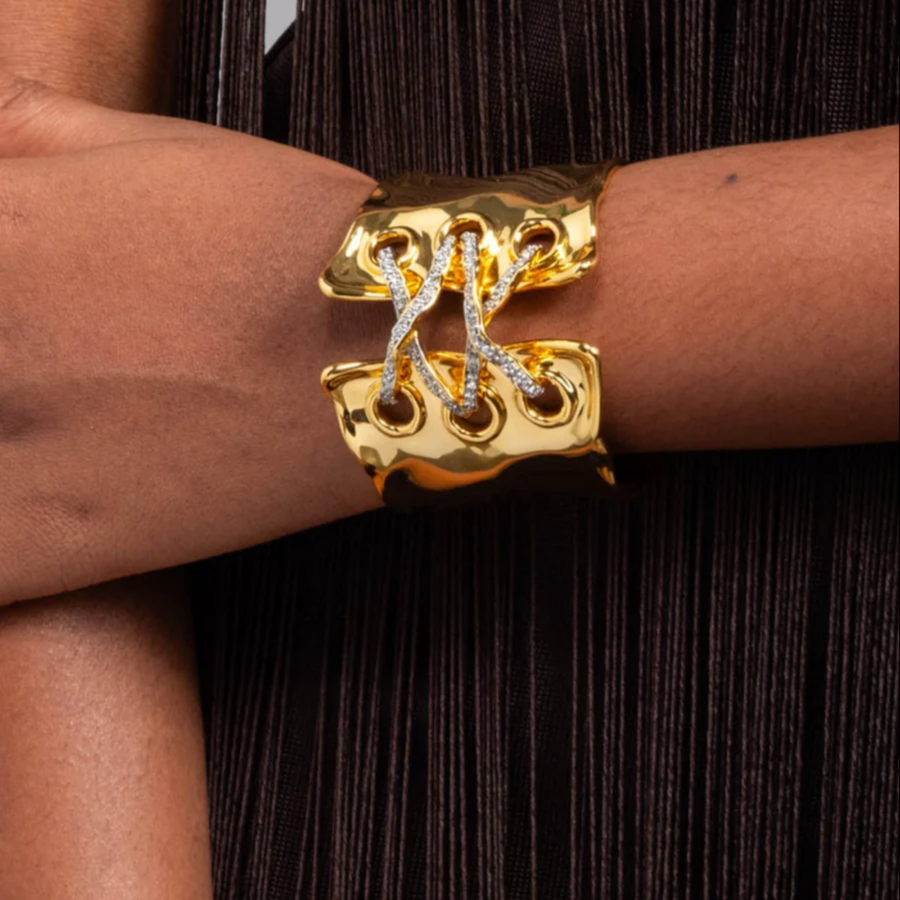 Solanales Gold Crystal Lace Up Cuff Bracelet